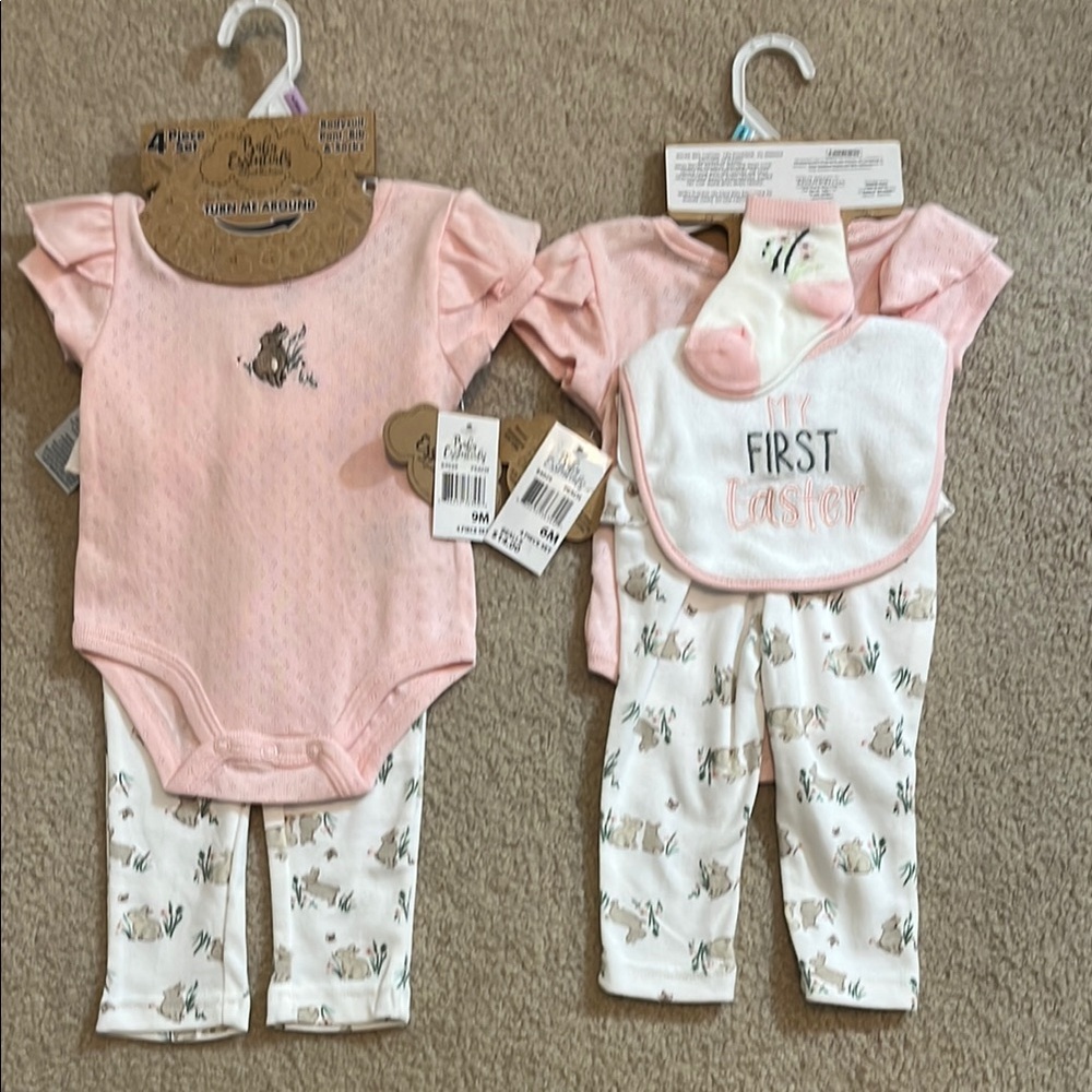 NEW 1st EASTER 4-pc Baby Outfit Set with Bunny Print, pink & white, 9 months
